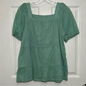 NWT LOFT Babydoll Cottage Core Green Square Neckline Puff Sleeve Green Top